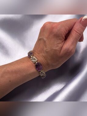 Sterling Silver Bezel Set Faceted Amethyst Link Bracelet 7.5"